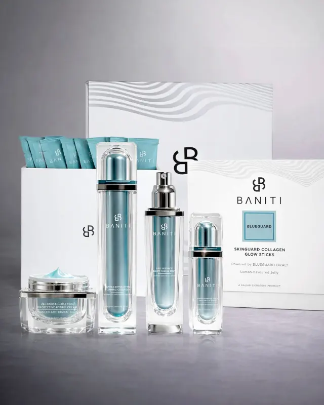 BANITI BlueGuard collection with cleanser, facial mist, serum, hydro cream and collagen glow sticks